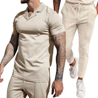2024 Foreign Trade Summer New Waffle V-neck Casual Polo Collar Men's Short Sleeved Long Pants Set Men's Clothing 2