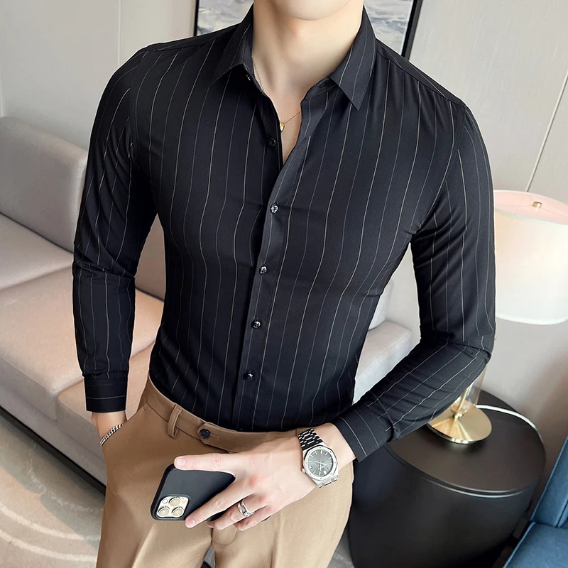 

Spring Summer Striped Shirts Men Long Sleeve Casual Business Dress Shirts Male Non-ironing Office Social Camisa Masculina M-4XL