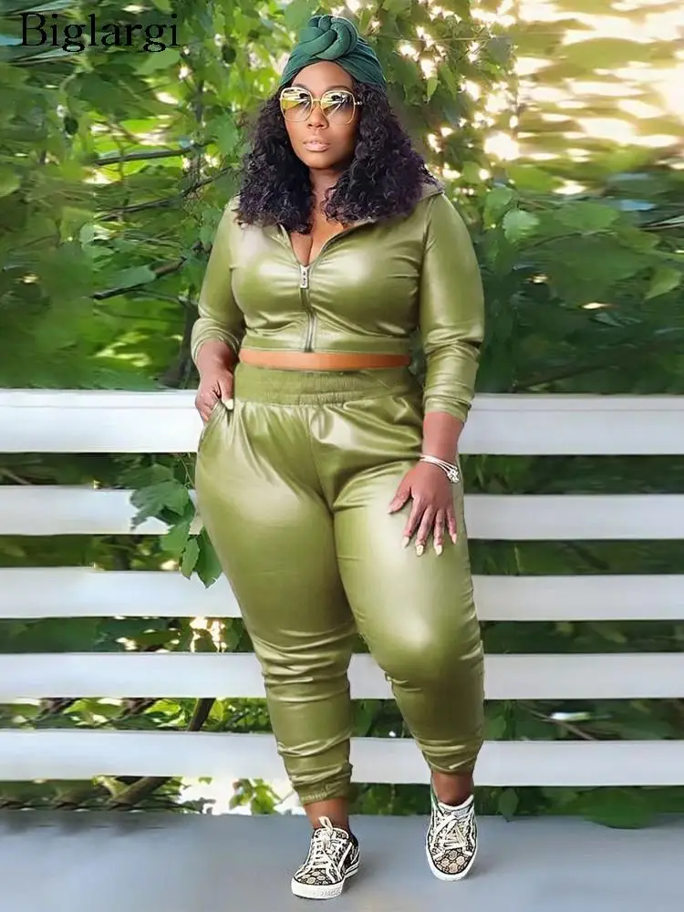 

Plus Size PU Autumn 2 Two Piece Set Women Casual Fashion Long Sleeve Sexy Ladies Cropped Coats Bodycon Woman Leather Pants 2023