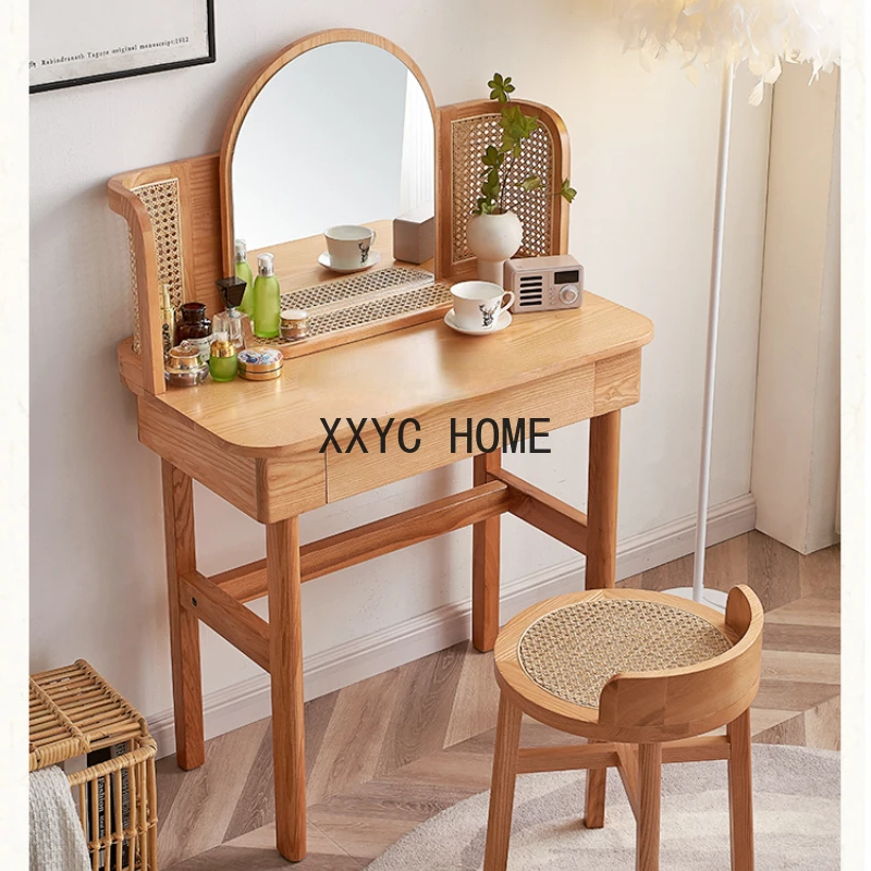 

yj Japanese-Style Ins Rattan Dressing Table Nordic Solid Wood Makeup Table Modern Simple Small Apartment