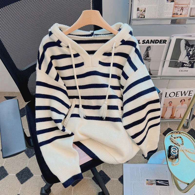 

Women Hooded Knitted Sweater Autumn Winter Striped Pullover Knitwear Versatile Casual Loose Sweatshirt Female