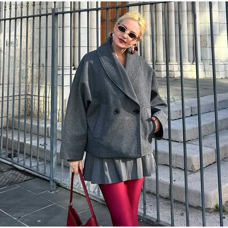Elegante Revers Tweed Mantel Frauen Vintage Chic Lose Einreiher Grau Mäntel Weibliche 2025, Winter Klassische Straße Mäntel – Detail 9