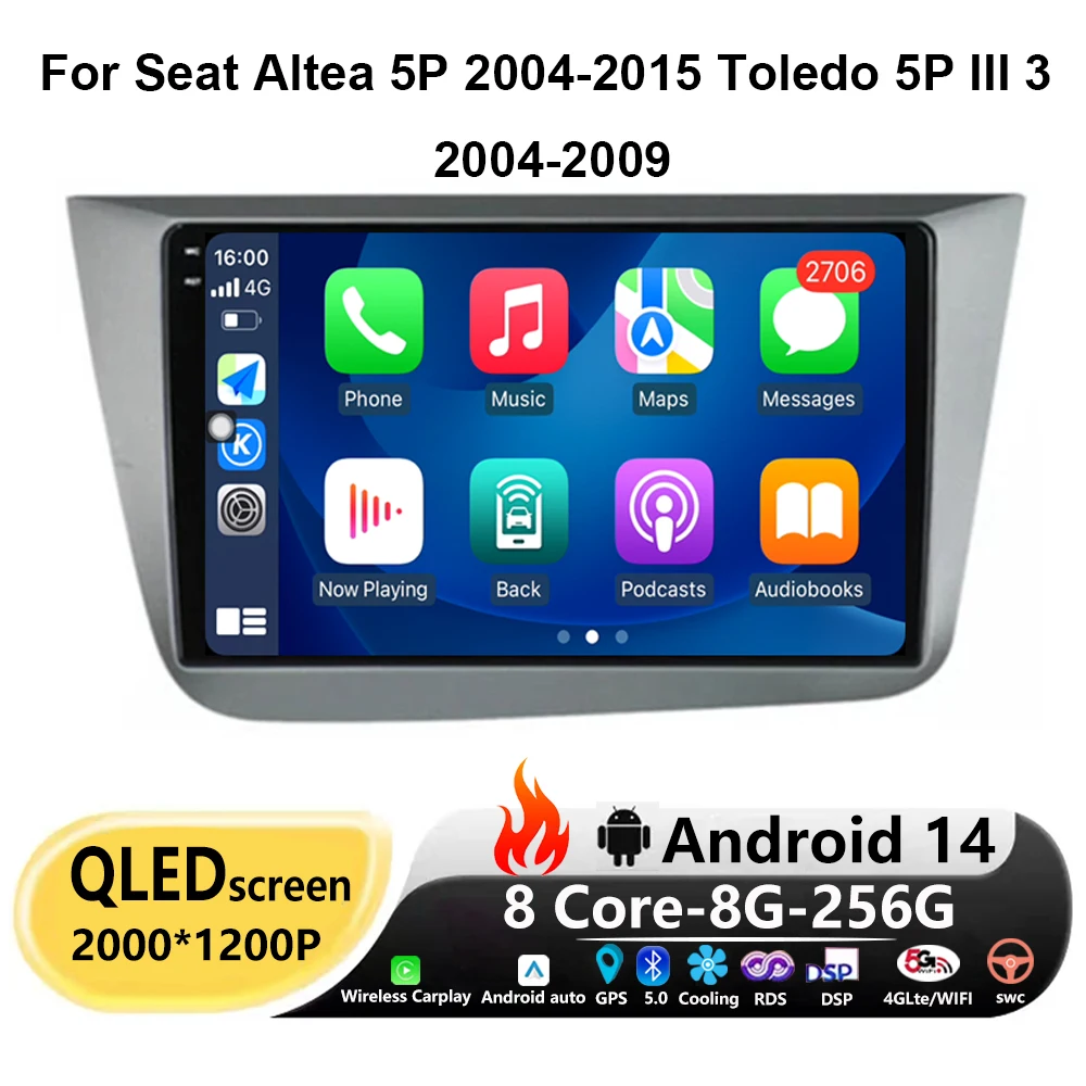 

Автомагнитола для Seat Altea 5P 2004-2015 Toledo 5P III 3 2004-2009 RHD Android 14, видеоплеер для Carplay, автомобильное радио, навигация GPS WIFI 4G