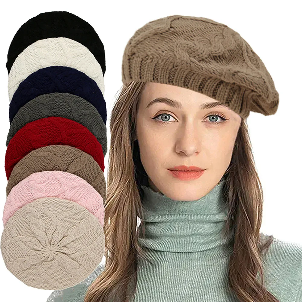 

Autumn Winter Knitted Women Beret Hats Solid Color Warm Artist Painter Cap Outdoor Windproof Decorative Hat Vintage Fashion Hats