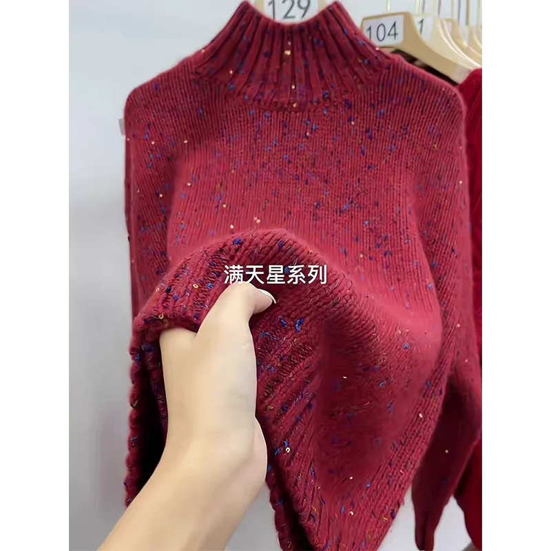 

Retro new year red design feeling small semi-turtleneck sweater autumn winter lazy wind thickening chic age-reducing sweater