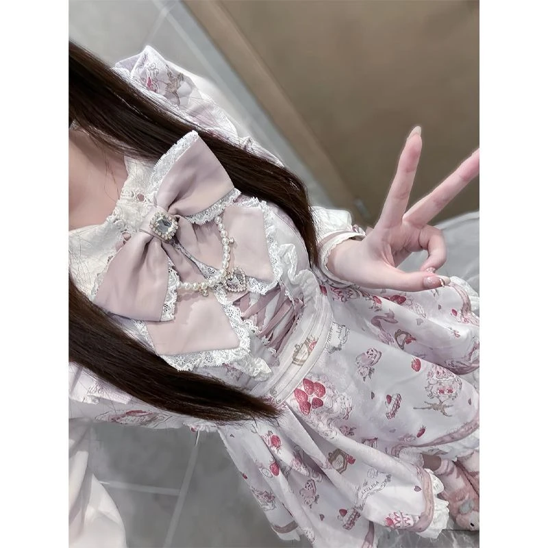 Y2k Harajuku Sweet Two-Piece Short Sets Long Sleeve Off Shoulder Solid Lace Shorts Skirts Bow Button Women Casual Kawaii 2025 5