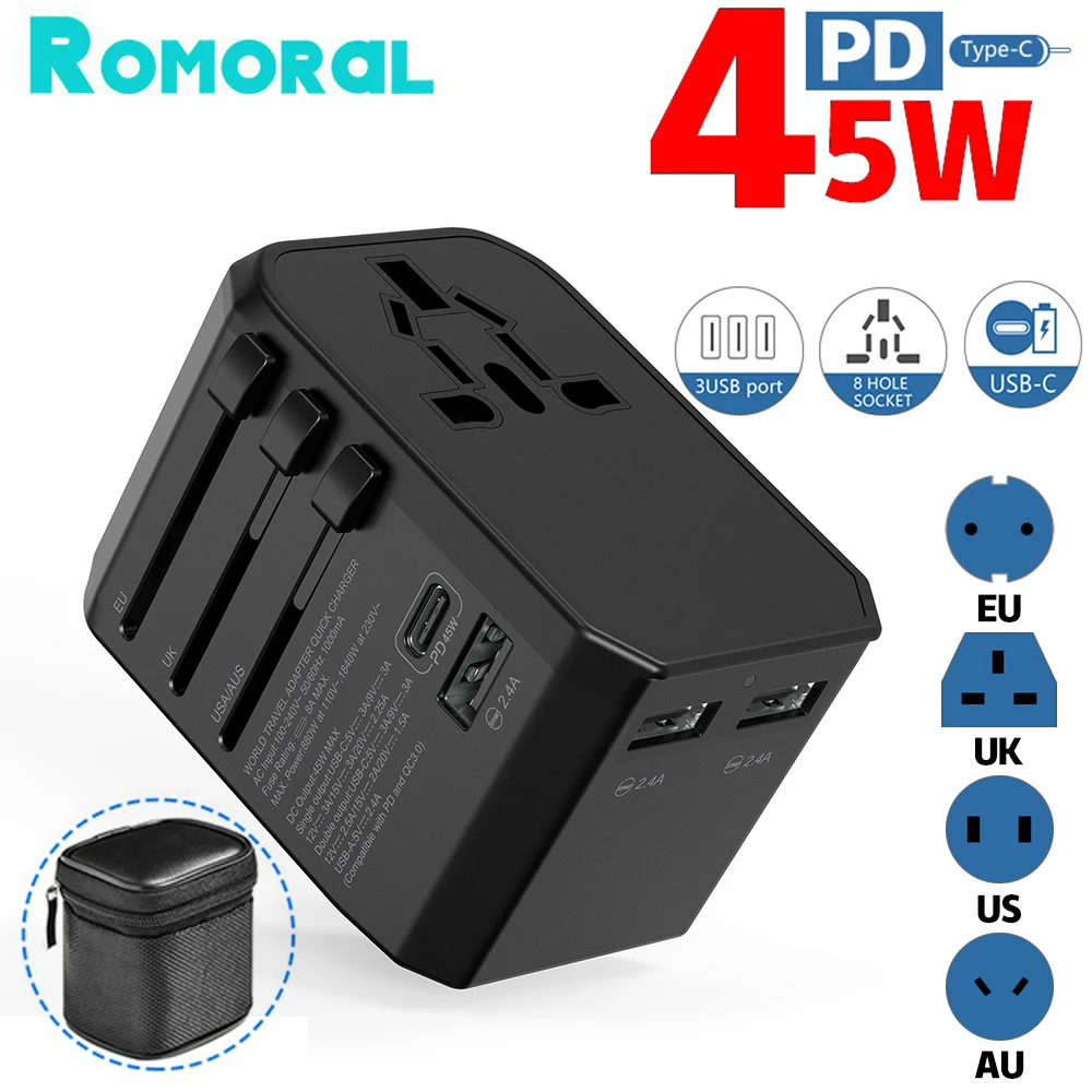 45W PD QC3.0 Travel Adapter Worldwide Conversion Plug US UK AU EU Plug