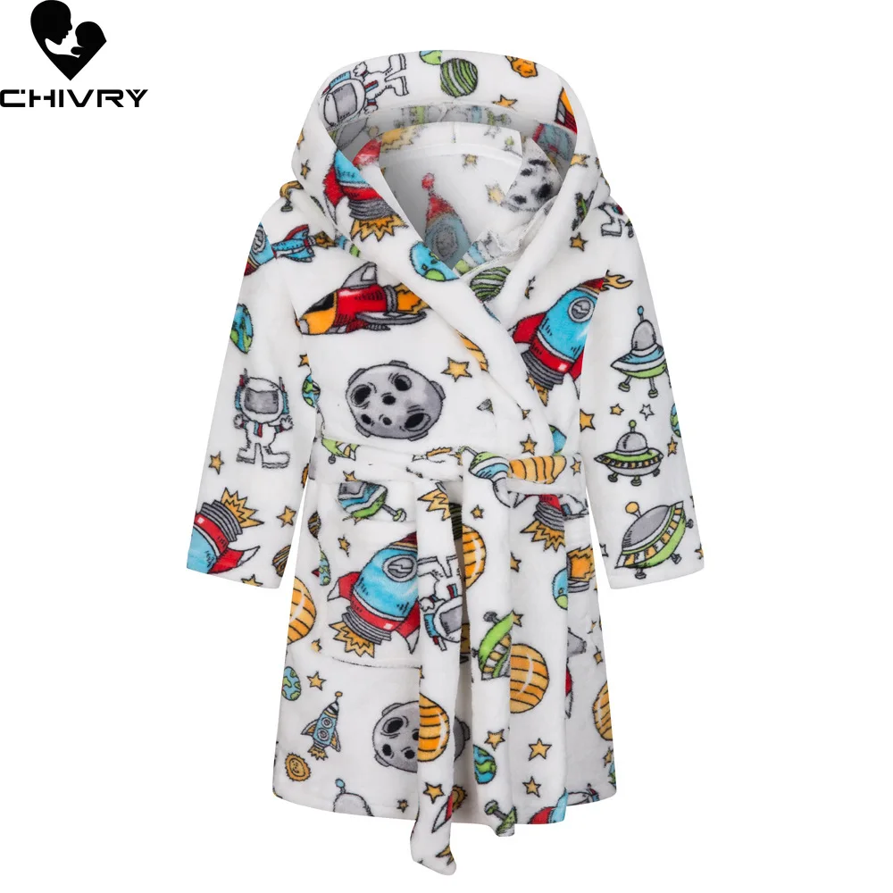 Kids Pajamas Set Flannel Pajamas Child Bathrobe Kids Robe New Autumn Winter Kids Hooded Flannel Bathrobe Baby Bath Robes Boys Girls Cute Cartoon Soft Warm Pajamas Long Sleeve Towel Robe