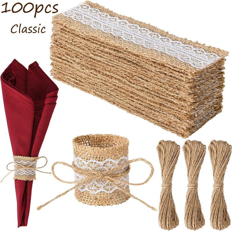 Description Picture 4 of item100pcs Natural Burlap Napkin Ring with Jute Rope Set Disposable Napkin Band Bulk Table Decor Wedding Dinner Country Party Decor