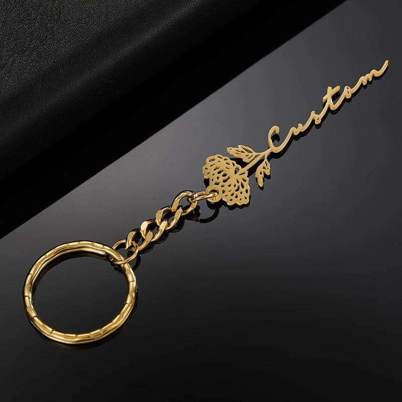 Angepasst Geburtstag Blume Name Schlüssel Kette Edelstahl Kreis Stern Herz Schlüssel Ring Buchstaben Anhänger mit 25mm Kette Schlüsselanhänger – Detail 6
