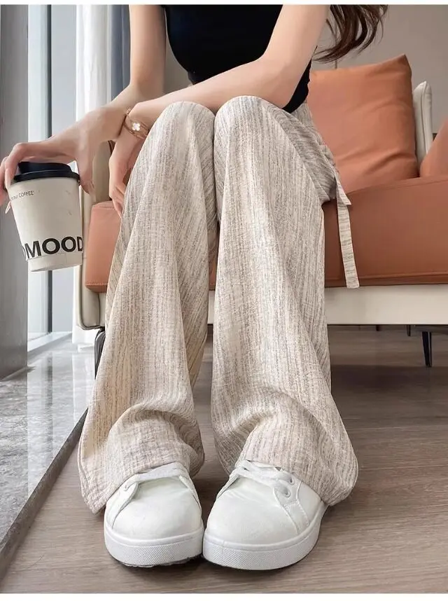 Women's High Waist Wide Leg Pants 2026 Summer Ice Silk Linen Loose Fit Flowy Straight Leg Casual Trousers Women Pants Sweatpants_ecoleips.com