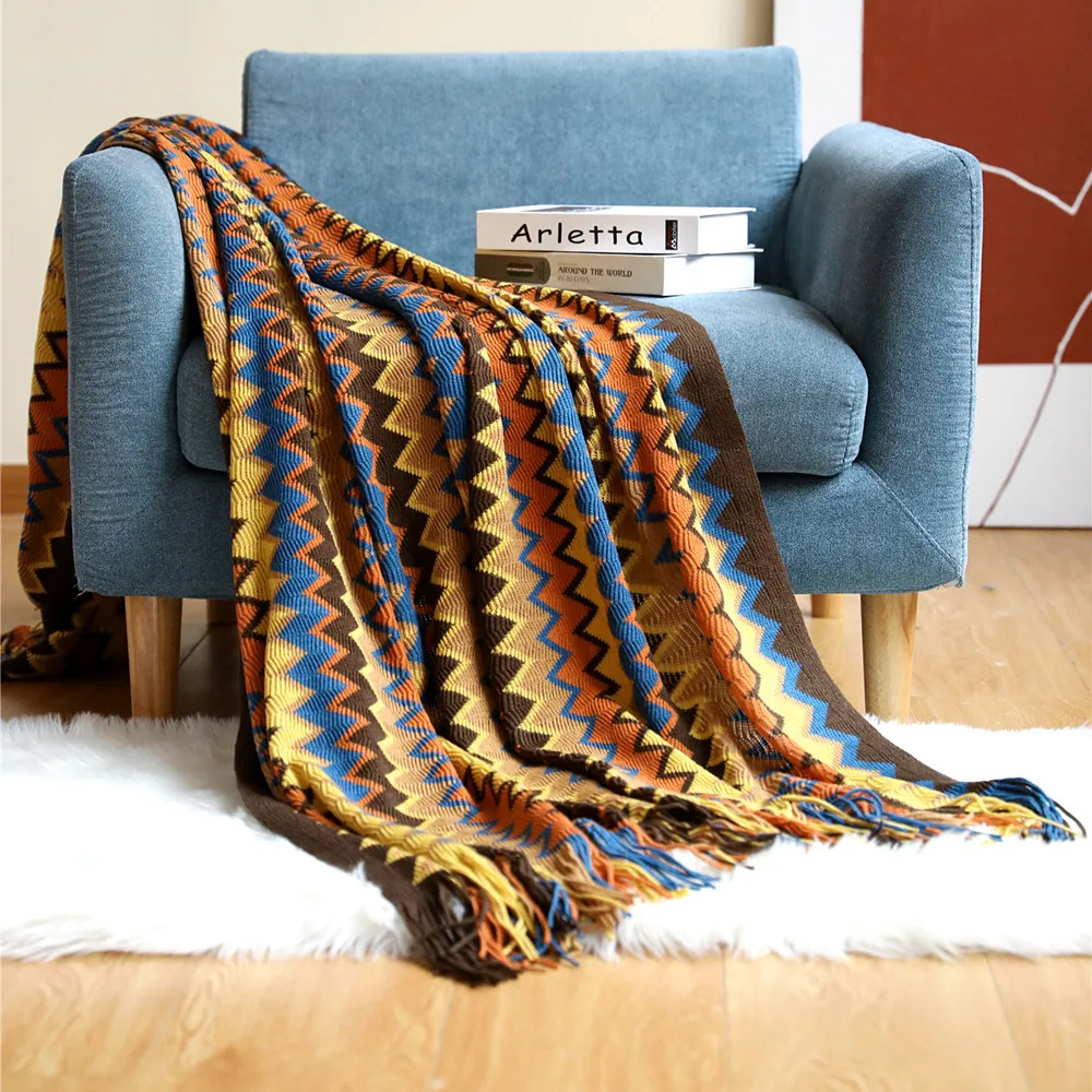 

Retro Knitted Blanket Long Tassel Warm Grid Cover Blanket Bed Sheet Household Multi functional Air Conditioning Blanket