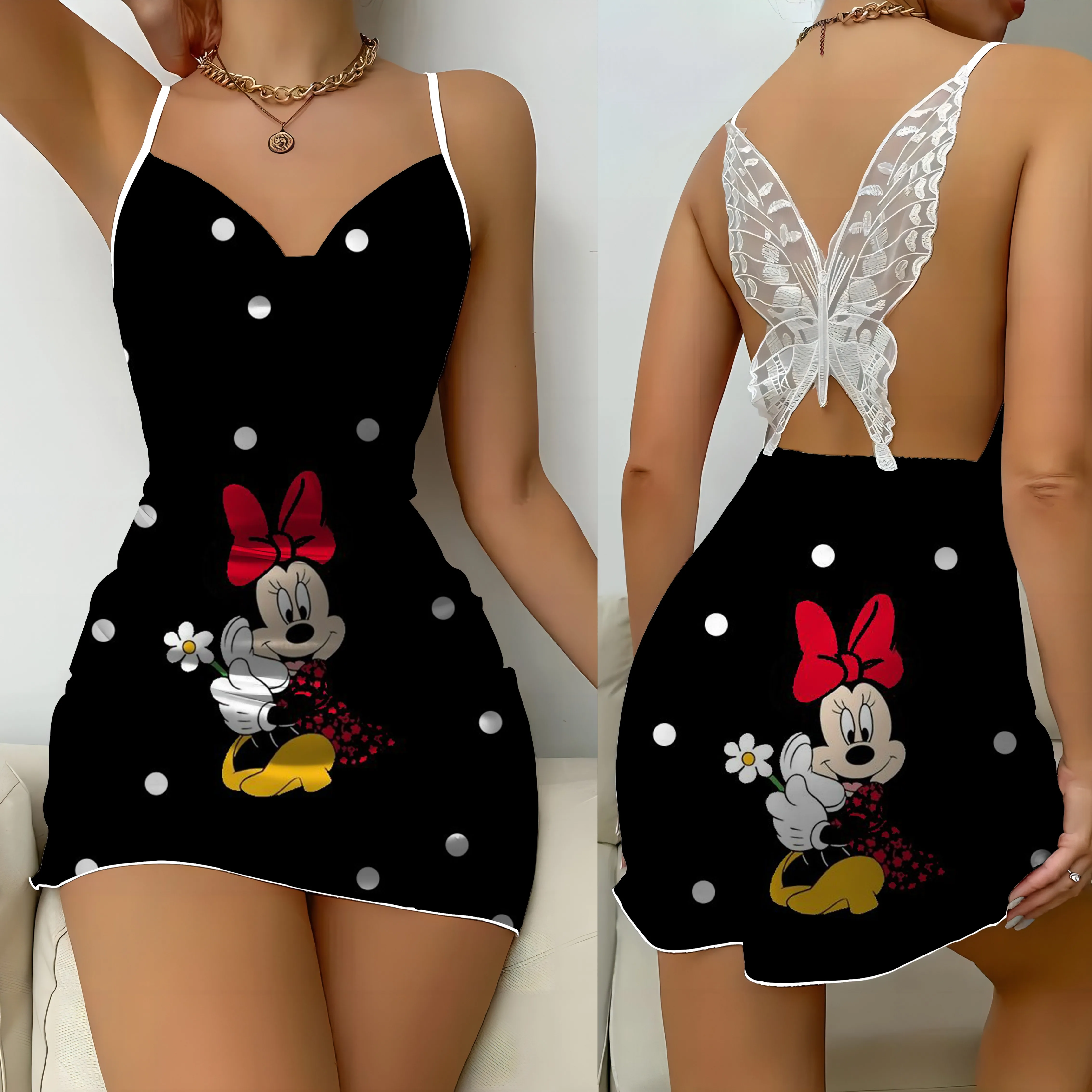 

Minnie Mouse Backless Dress Bow Knot Womens Dresses Satin Surface Mickey Disney Pajama Skirt Fashion Summer 2024 Party Mini Sexy