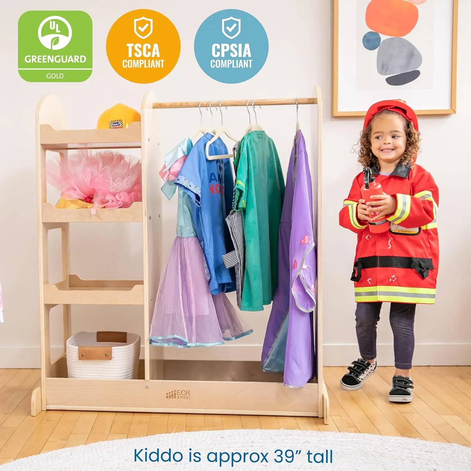 Dress Up Center with Mirrors, Costume Organizer, Natural