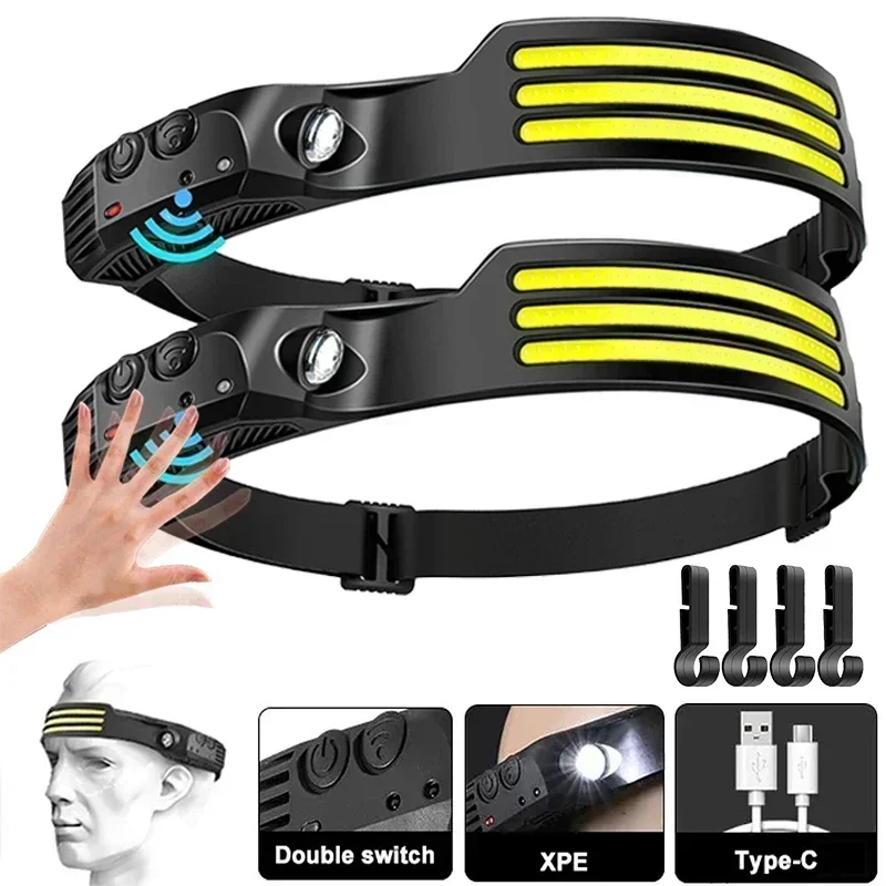 COB LED 전조등 유도 헤드 램프 내장 배터리 USB 충전식 헤드 손전등 야외 캠핑 낚시 센서 헤드 라이트