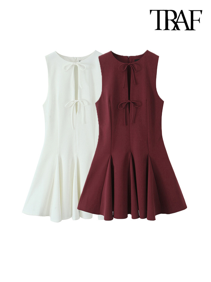 TRAF Women's Sleeveless O-Neck Mini Dress with Bows Godet Hem Back Zipper Fashion Female Vestidos Mujer