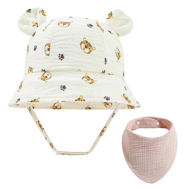 

3-12 Month Baby Bucket Hat with Muslin Baby Bibs Set Summer Outdoor Accessories Cotton Children's Panama Cap Infant Sun Hats