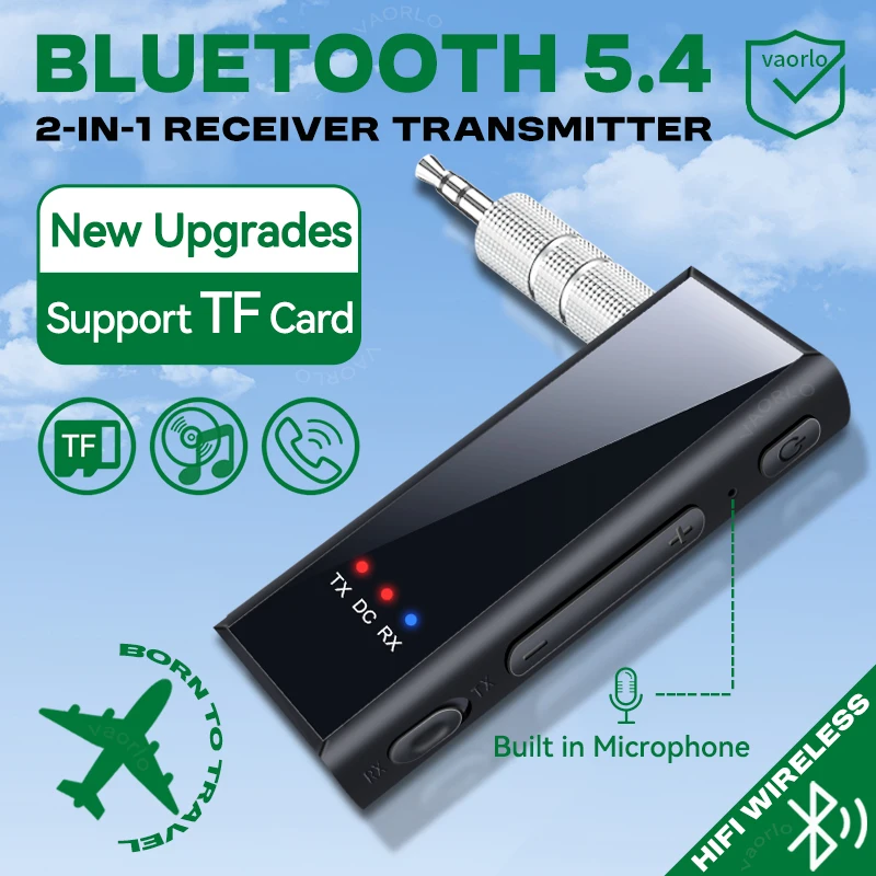 Bluetooth Audio Receiver New Bluetooth 5.4 Audio Transmitter 3.5MM AUX Stereo Music Wireless Adapter With Mic Support TF Card Play Car TV PC