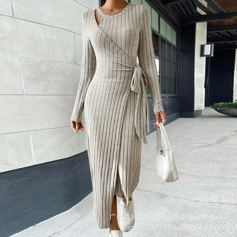 

Wepbel Women's Bodycon Dress Sunken Stripe Long Fake Two-Piece Strap Casual Dresses Solid Color Long Sleeve Sheath Midi Dress