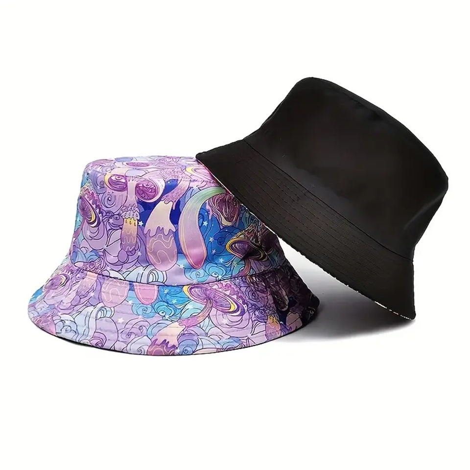 Purple Fisherman's Hat Retro Double-sided Mushroom Print Female Sun Holiday Hat Flowerpot Hat Double-Sided Design Spring Summer