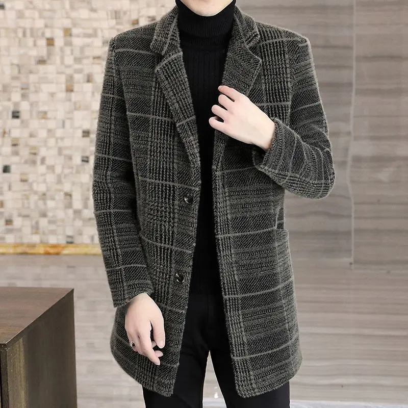Winter New Men High-End Woolen Coat Male Mid-Length Fashion Suit Collar Casual Slim Fit Outwear Plus Cotton Thicken Warm Outcoat