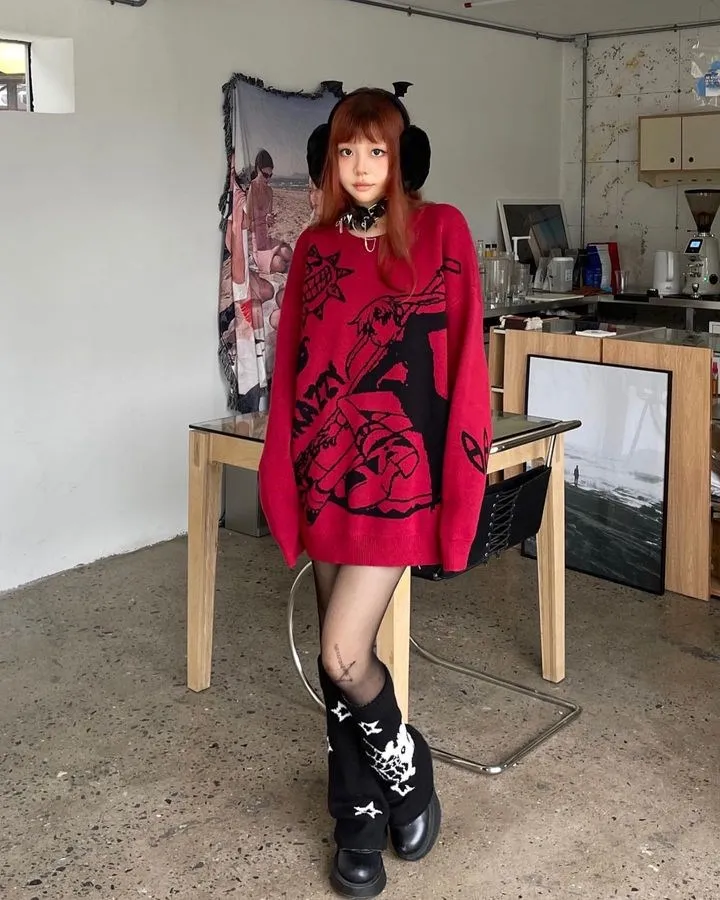 

Мужской осенне-зимний милый красный стильный черный свитер Y2k с длинным рукавом, женская уличная одежда 2023, пуловер, верхняя одежда