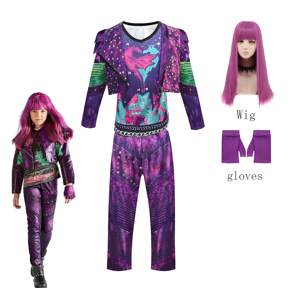 Movie D-Descendants 3 Mal Costume for Kids Girls Cosplay Evie Clothes Fantasia Carnival Halloween Fancy Dress Vest Wig Party Set cosplay costume kids girls dress