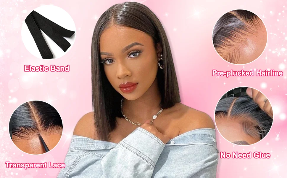 4x4 Bob Glueless Perücke Echthaar Bereit zum Tragen Kurze Bob Perücke Transparente Spitzenverschlussperücken Vorgezupftes Echthaar für schwarze Frauen – Detail 7