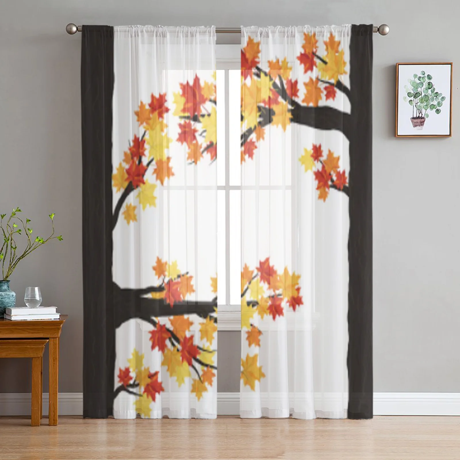 

Autumn Maple Leaves On Branches Sheer Curtains For Living Room Window Transparent Voile Tulle Curtain Bedroom Drapes Home Decor