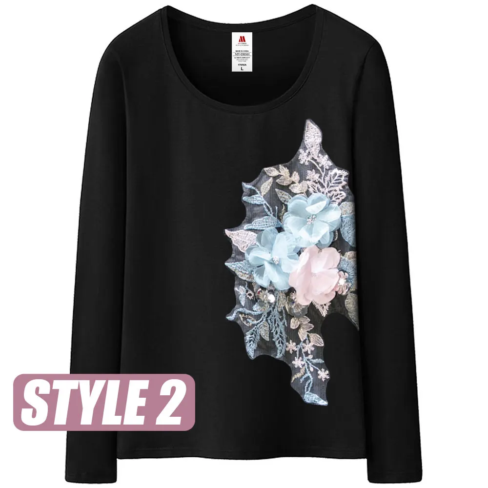 トップス TTT_MSW FLOWER EMBROIDERY LONG SLEEVE T Cherry Blossom T Shirt Long Sleeve, Women's T Shirt Flower