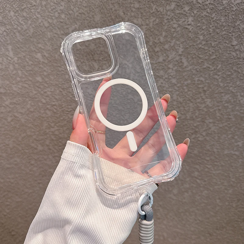 Heavy Duty Clear Shockproof Magnetic Phone Case with Magsafe Charging and Lanyard Attachment