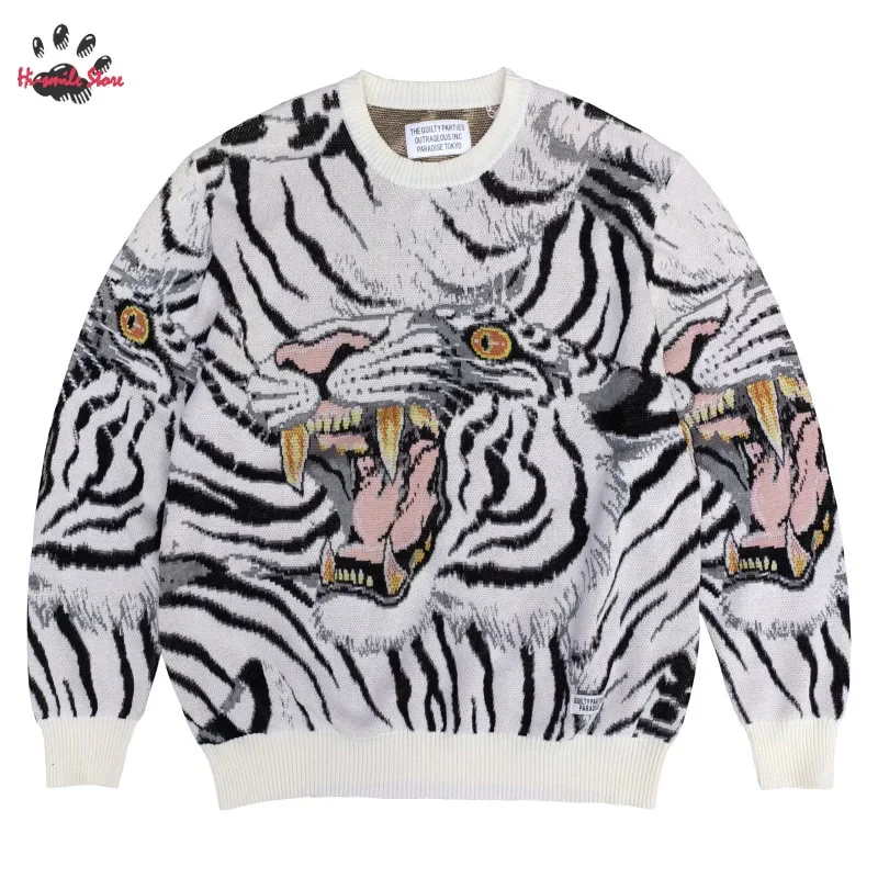 White Khaki Blue WACKO MARIA Sweatshirts Men Woman 1:1 High Street Round Neck Knit Sweater Tiger Jacquard 2024fw New