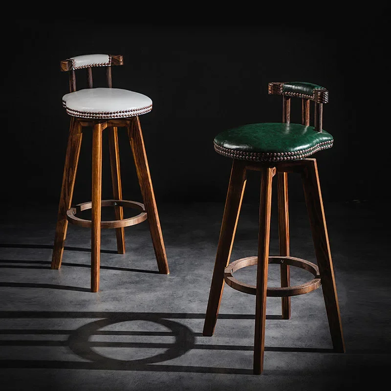 Vintage Solid Wood Bar Chair Light Luxury American Style Rotatable Home Kitchen Dining Room Nordic High Legged Stool
