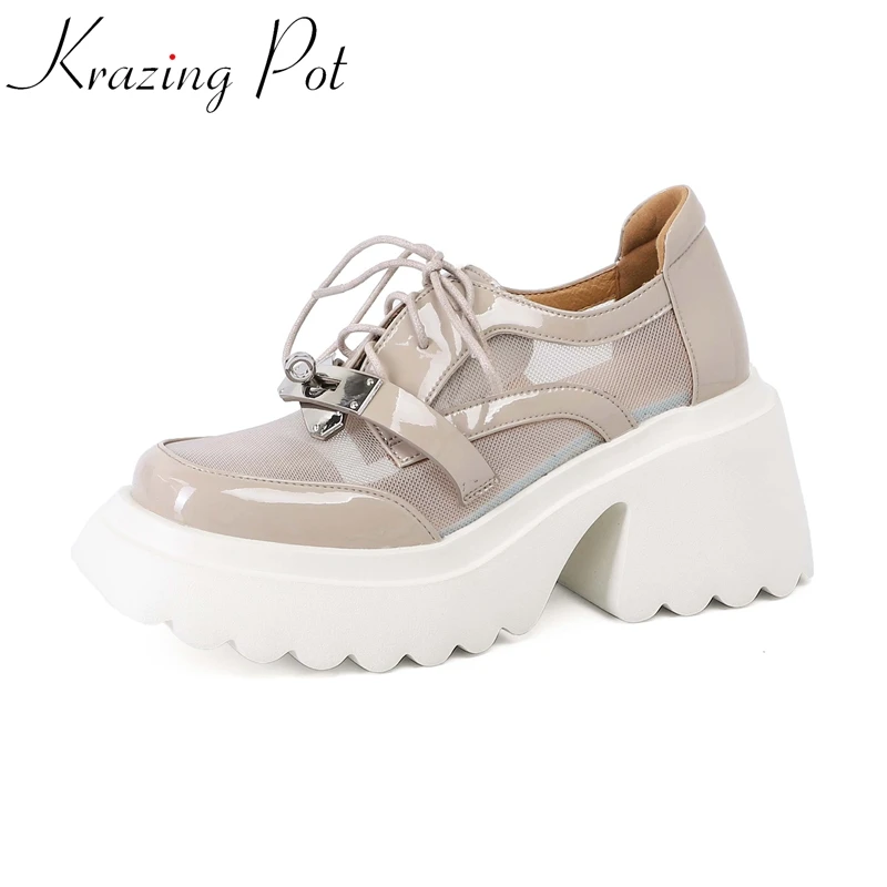 

Туфли Krazing Pot из бычьей кожи с круглым носком, на очень высоком каблуке, платформа, дизайнерская удобная летняя обувь на шнуровке, сетчатые, с металлическими застежками, повседневные лодочки
