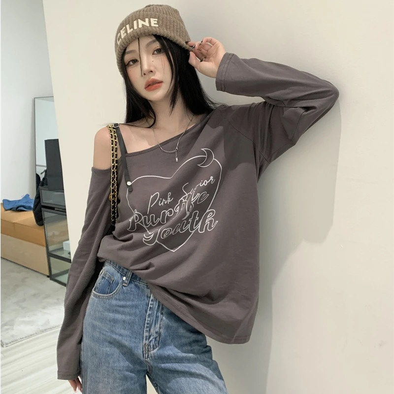 

Printed Long Sleeve T-shirts Women 2024 New Spring Loose Niche American Style Slash Neck Tops High Street Versatile Tees Female