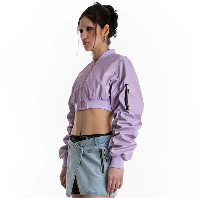 

PU Leather Short Varsity Baseball Jackets Women Solid Pleated Long Sleeve Zipper Casual Motorcycle Coats Streetwear Crop Tops