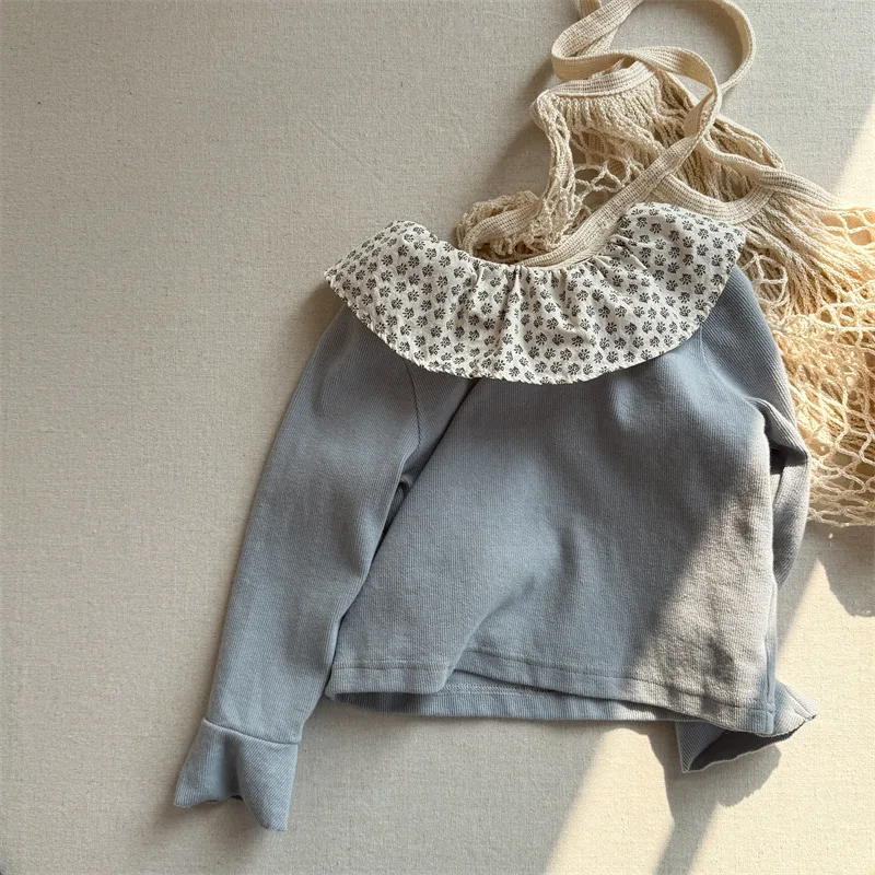 thumbnail image 1 of Ropa para niños de primavera y otoño, camiseta coreana de manga larga para niñas, camisa inferior con cuello con volantes florales, Top Base para niños, 1 of 6