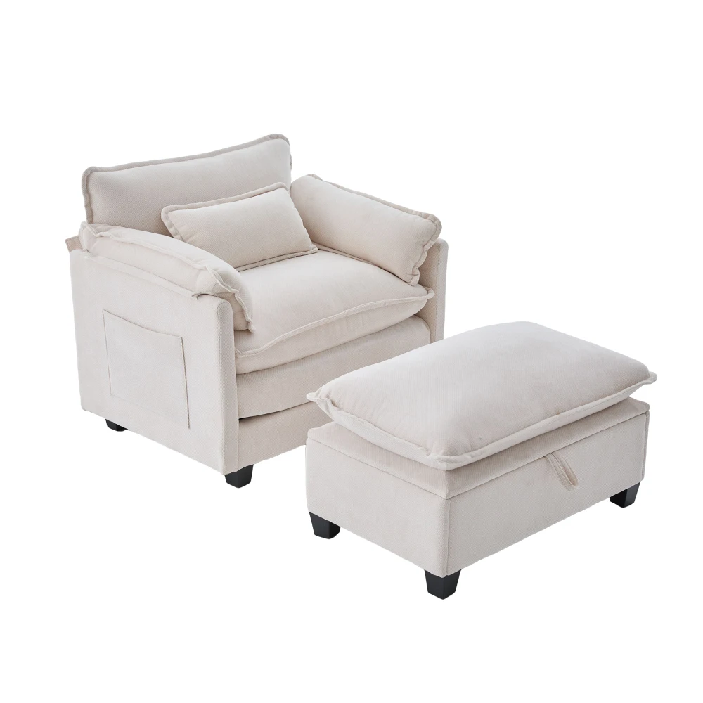 Moderner übergroßer Sessel mit Fußstütze und Hocker, Samt-Loungesessel mit Seitentaschen und Kissen, bequemer Lesestuhl – Detail 13