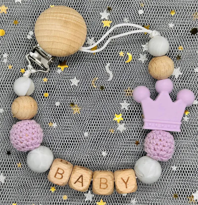 Name Personalise Beech Baby Boy Girl Pacifier Clips Holder Chain Chew Silicone Crown Infant Newborn Teether Teething Gift pacifier clip pacifier chain pacifier accessories teether clip baby silicone accessories