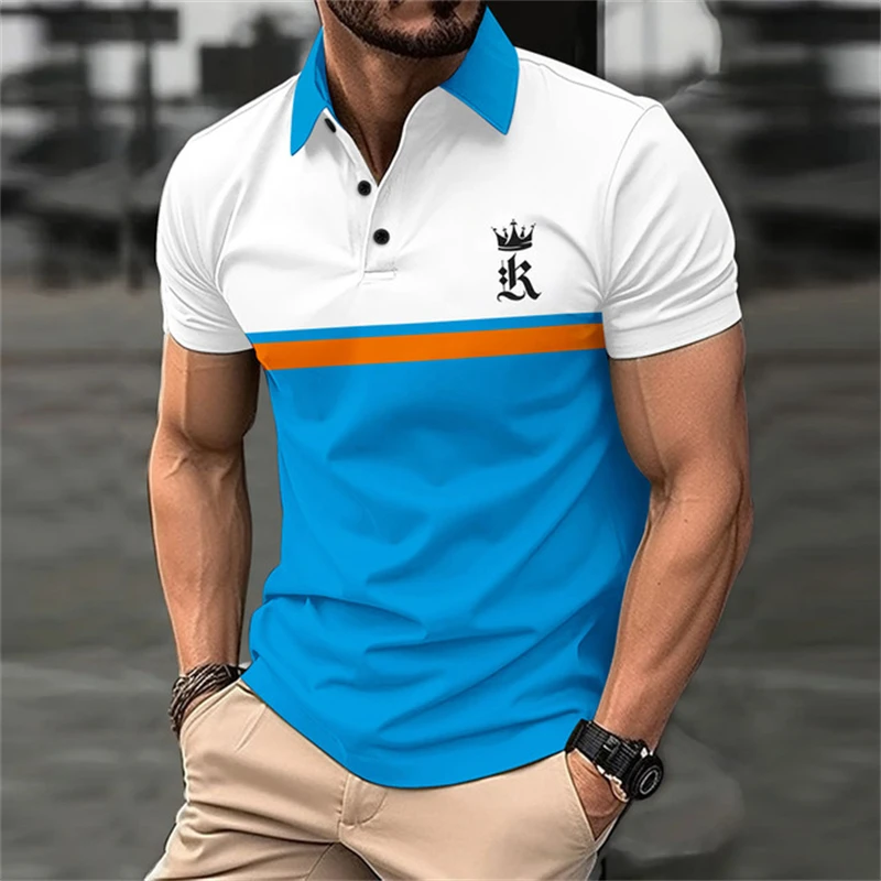 Funny Letter Print Polo T Shirt For Men Summer Casual Lapel Button Blouse Fashion Contrasting Colors Patchwork Short_voghion.com
