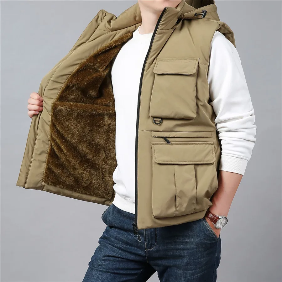 2025 Winter Men's Cargo Vest Thick Fleece Warm Sleeveless Jacket Hooded Tactical Coat Men Pockets Workwear Outdoor Waistcoat 6