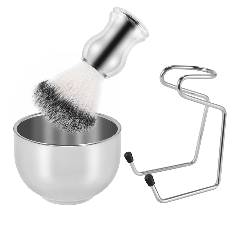 

Набор для бритья, миска для мыла + кисть для бритья + подставка, набор из нержавеющей стали + нейлоновой кисти, набор кистей для бритья из чистого ворса