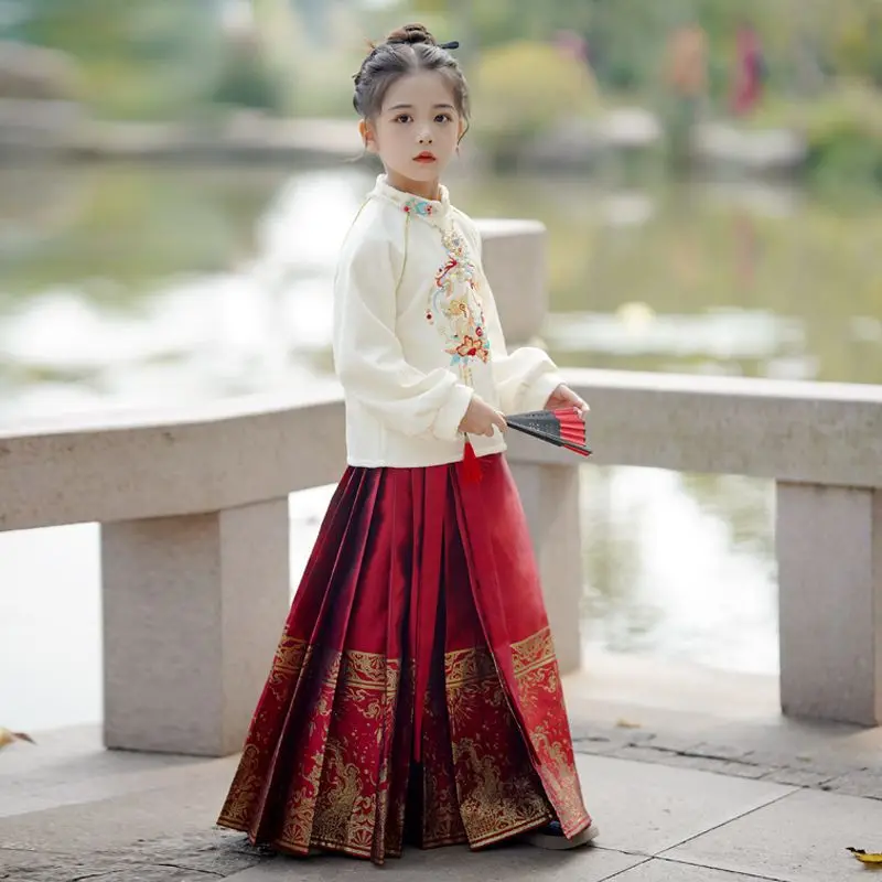 New Girl's Hanfu Chinese New Year's Clothing Children's Winter Warm Tang Suit Kids Plus Velvet Embroidery Party Dress Suit