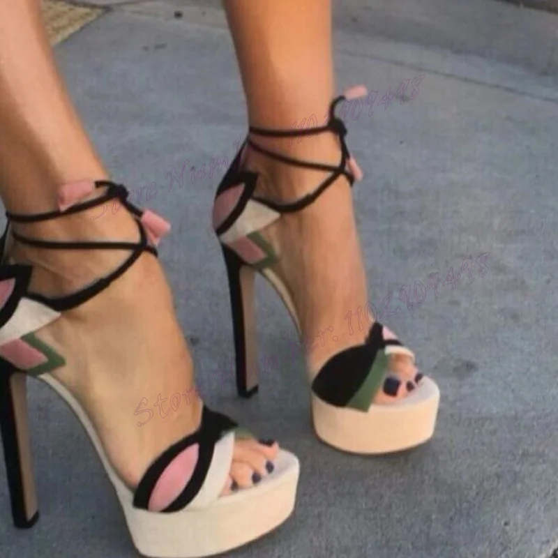 

Patchwork Ankle Strap Platform Sandals Suede Open Toe Shoes for Women Stilettos High Heels Sexy Shoes 2024 Zapatos Para Mujere