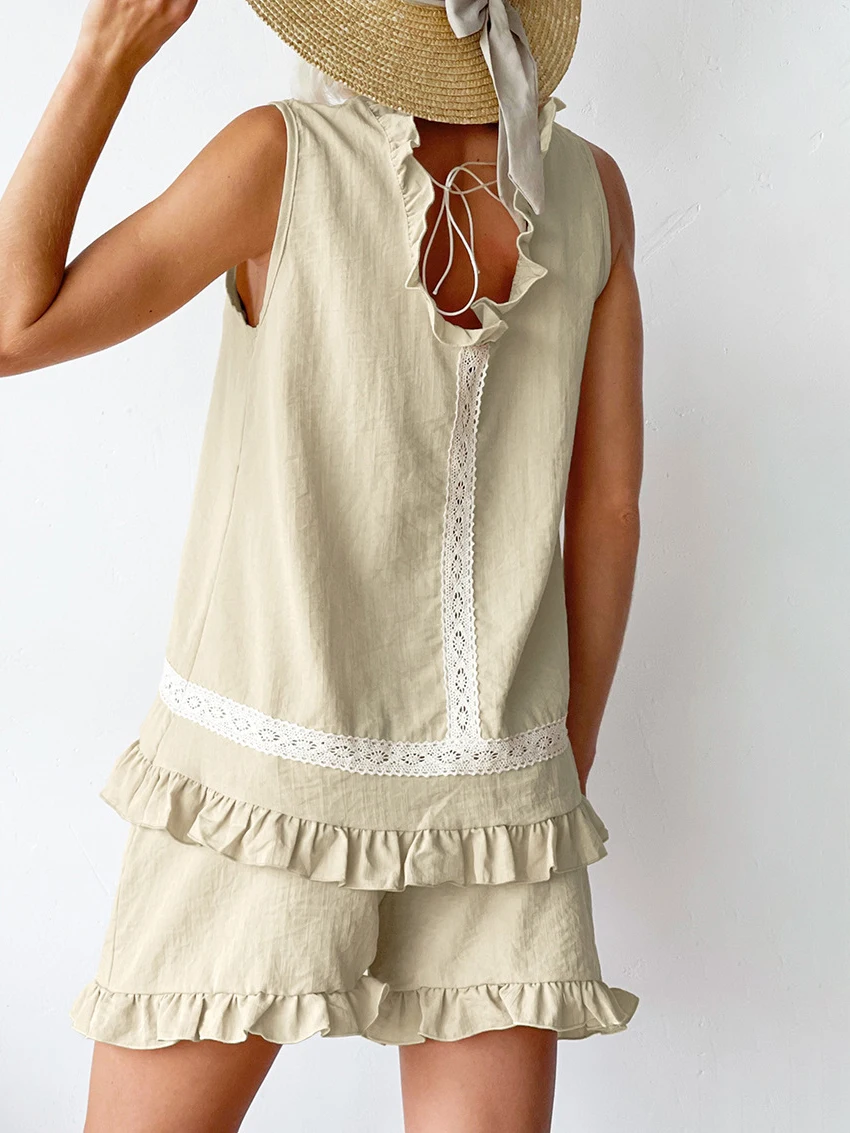 Mathaqiqi Summer Women'S Sleepwear Set O-Neck Pajamas Sleeveless Nightgowns Backless Nightie Shorts Casual Ladies Nightwear Suit