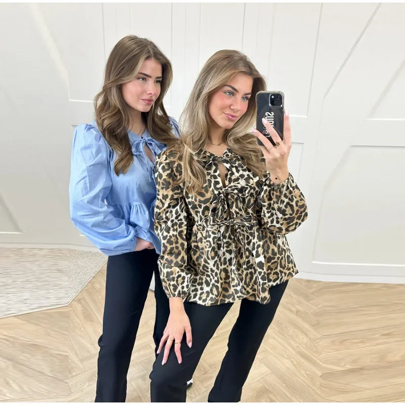 Sc10031f105cc49f3a02abca80790a7cbo Fashion Leopard Print Bow Women Shirts Casual Long Sleeve O-neck Lace Up Blouses Spring Summer Retro Hollow Out Female Top Mallzona