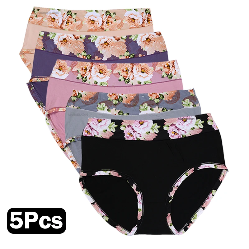 5Pcs/Lot Underwear Women's Panties Print Floral High Waist Briefs Plus Size Seamless Underpant Soft Sexy Lingeries Female Shorts
