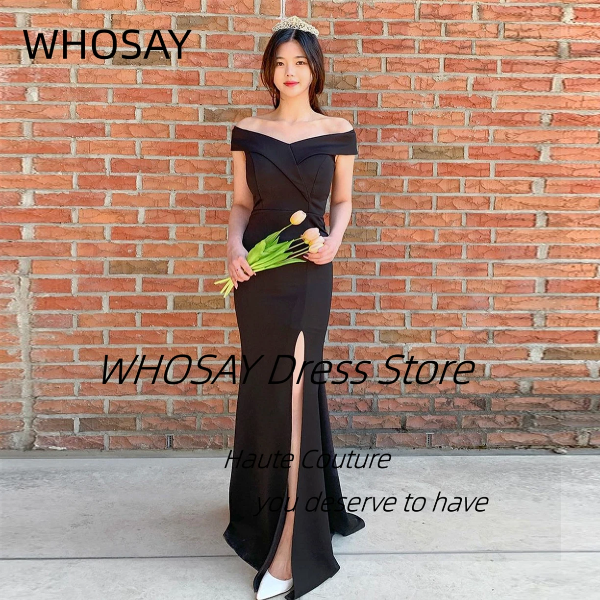 

WHOSAY черные платья для выпускного вечера с Боковым Разрезом длинные элегантные вечерние платья с открытыми плечами для официального мероприятия корейское платье с юбкой-годе