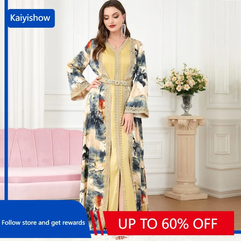 

Muslim Sets Autumn Muslim Women Long Sleeve V-neck Polyester Printing 2 Pieces Dress Coat Matching Sets Muslim Fashion Abaya