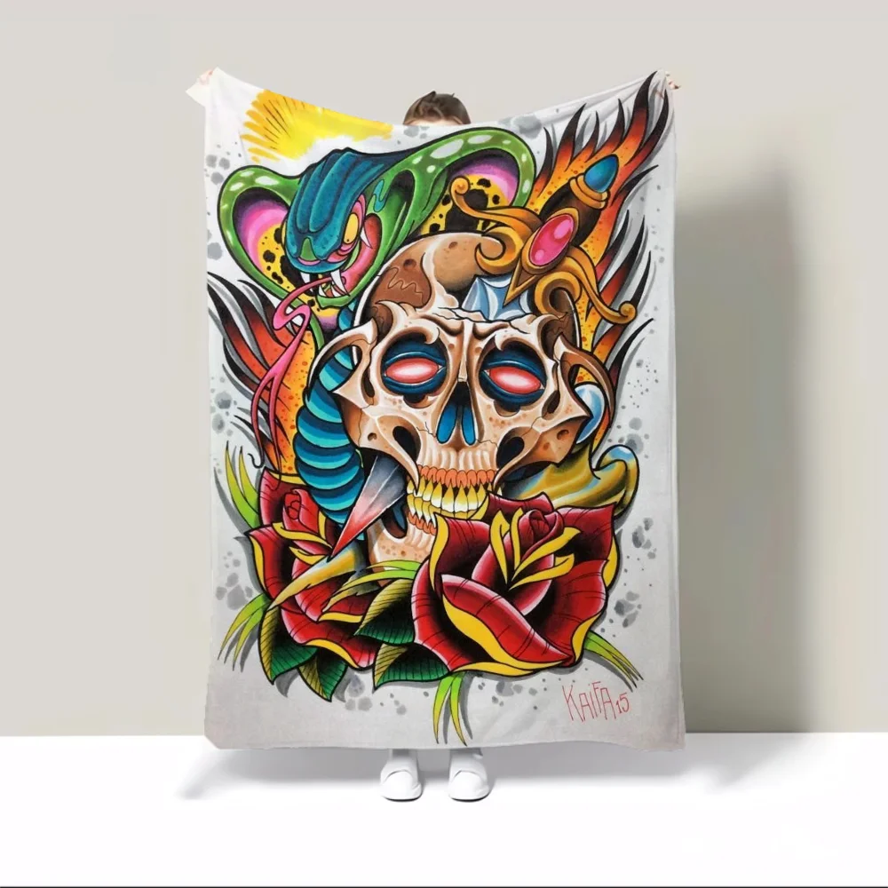 Custom Blankets for Adults New School Tattoo Thin Wadding Blanket King Size Microfiber Bedding Fluffy Plaid Home Interior Throw 6